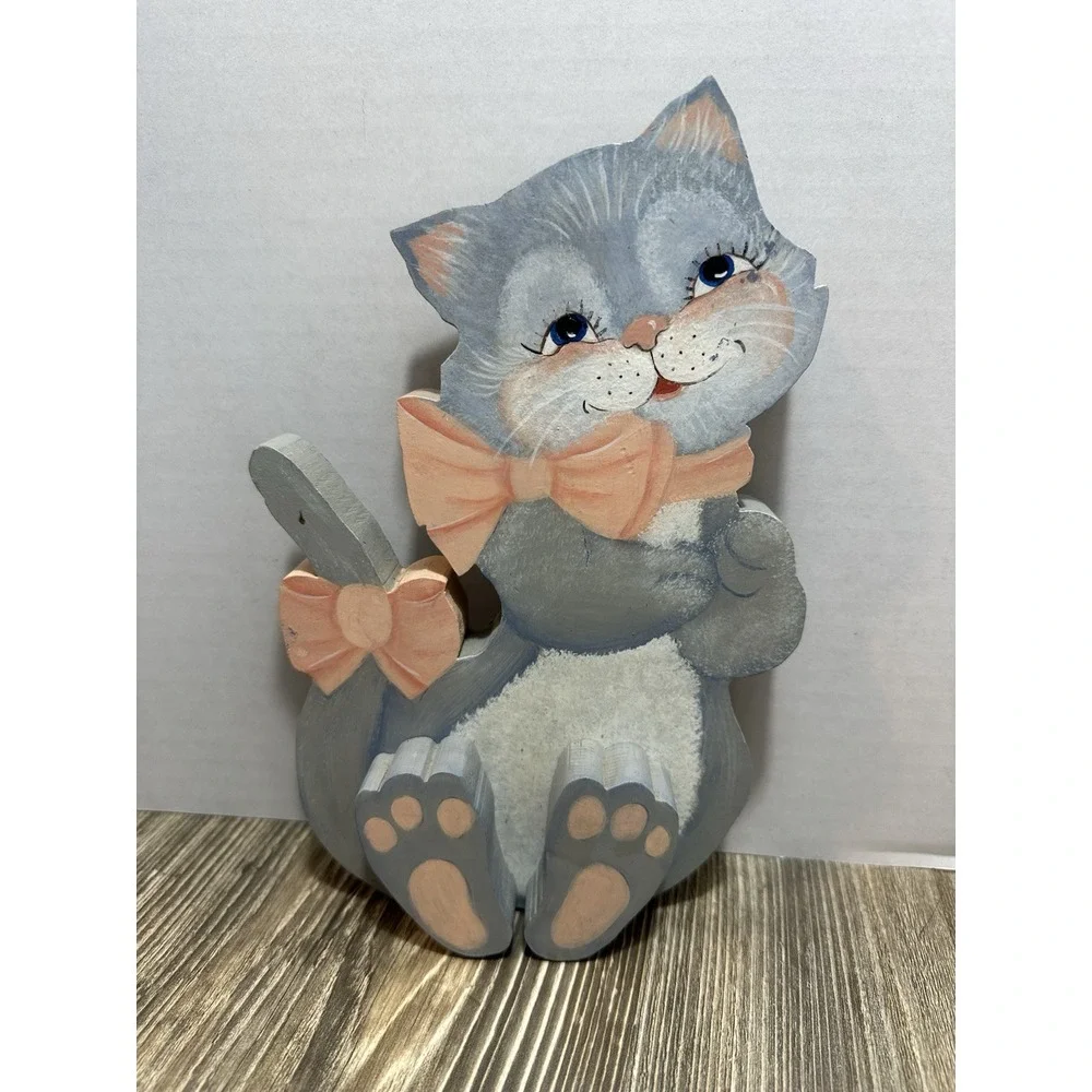 Handmade Wooden Gray Pink Cat Shelf Sitter 9